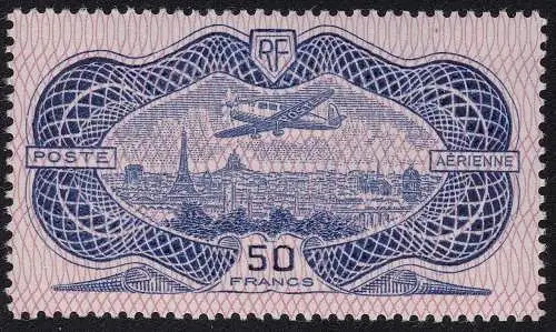 1936 FRANKREICH - Luftpost, Nr. 15, 50 Francs, Burelè, Flugzeug über Paris, postfrisch **