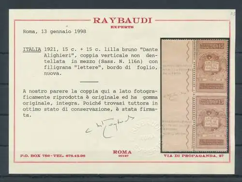 1921 Italia n. 116n, Dante Alighieri, Paar 15 c. ungezähnte Mitte, postfrisch **