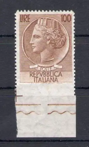 1955 Italien, 100 Lire filigrane Sterne ungezähnt unten Nr. 785/Ic, postfrisch**