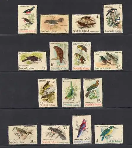 1970-71 Norfolk - Vögel, Yvert Nr. 105-12 + 116-22 - 15 Werte postfrisch **