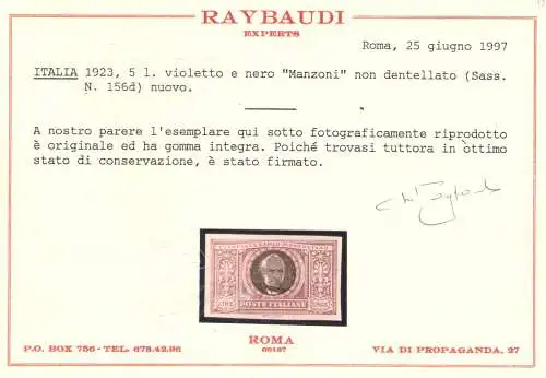 1923 Italia Nr. 156d Manzoni 5 Lire lila und schwarz ungezahnt MNH **