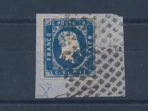 1851 SARDINIEN, 20 Cent. Blau auf Fragment, signiert Enzo Diena, Garantienstempel auf Bolaffi-Vers