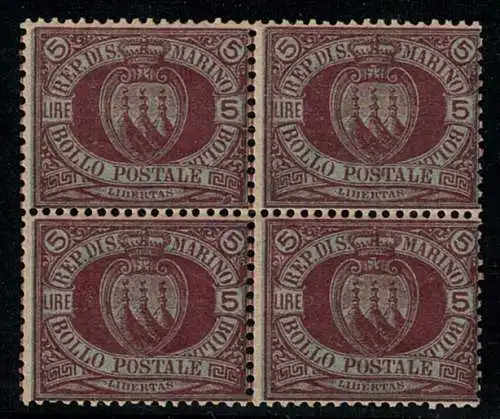 1892-94 SAN MARINO, Sächsischer Katalog #22, 5 Lire karmin auf dunkelgrün, postfrisch**