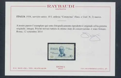 1934 Königreich Italien - Flugdienst - 10 Lire Schiefer Coroncina - MNH ** Raybaudi Zertifikat