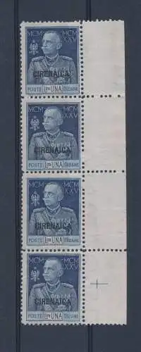 1925-26 Kyrenaika, Jubiläum des Königs, 1 Blaue Lira, Viererstreifen, 3 Wasserzeichenwerte Buchstaben + 1 Wasserzeichenwert liegend, postfrisch**