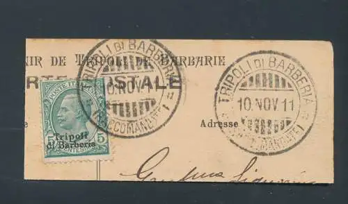 1911 Tripolis di Barberia, schönes Postkartenfragment, 5 Cent grün gebraucht am 10.11.1911, GEBRAUCHT