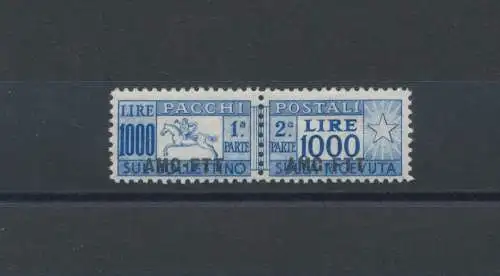 1954 TRIEST A - Postpakete, Pferd - 1000 Lire Übersee filigran Rad, Nr. 26, postfrisch **