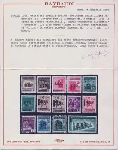 1945 Turin, Ausgaben C.L.N., Aufdrucke C.L.N in Gotik und Barren auf RSI, Nr. 1/13 + Expr 17, MNH ** Raybaudi Zertifikat - RAR