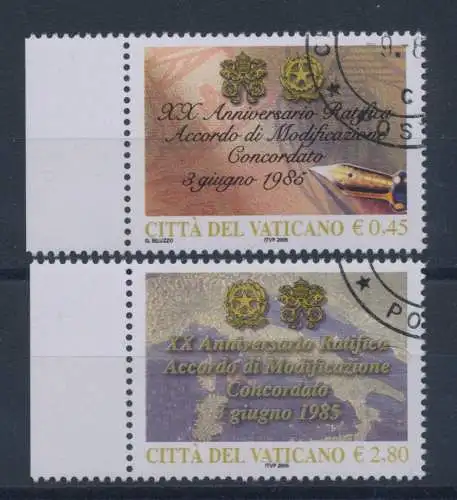 2005 Vatikan, Konkordat Heiliger Stuhl und Italien, 2 Werte Nr. 1393/94, gebraucht 9-06-2005 Erstausgabetag