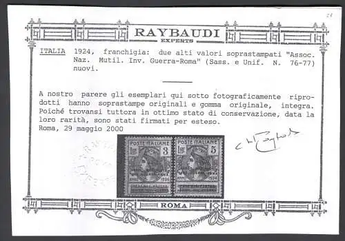 1924 Italien, Halbstaatliche Körperschaften, Nr. 76, Lire 3 dunkelflieder, Überdruck Ass. Naz. Inv. Romkrieg, postfrisch** - Fotokopie Raybaudy Herkunftszertifikat