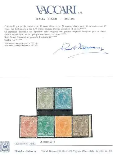 1884-86 Italien, Umberto I., Postpakete, komplette Serie 1/6, 6 Werte, Bildnis von Umberto I., postfrisch** - Vaccari Zertifikat