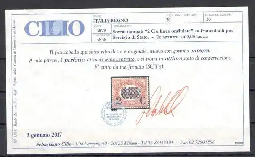 1878 Königreich Italien, 2 Cent auf 0,05 Lack, Nr. 30, Aufdruckservice, postfrisch** - Zertifikat Chilisch