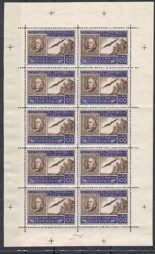 1947 SAN MARINO, Amerikanisches Kleinblatt, Nr. 15 - Signiert Giulio Bolaffi und Garantiestempel - Wunderschön ohne Falten - MNH ** Raybaudi Gold Zertifikat