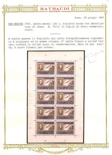 1947 SAN MARINO, Amerikanisches Kleinblatt, Nr. 15 - Signiert Giulio Bolaffi und Garantiestempel - Wunderschön ohne Falten - MNH ** Raybaudi Gold Zertifikat