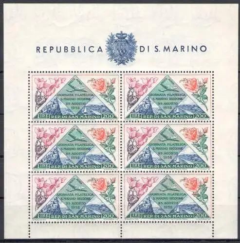 1952 SAN MARINO, Blatt Tag der Philatelie San Marino Riccione Fiori, BF 14 - Ohne Falten - MNH ** Zertifikat Philatelie von Simoni