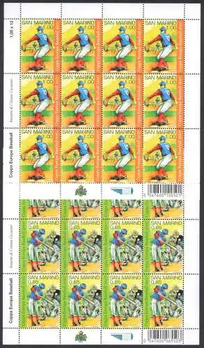 2007 San Marino, Baseball Europapokal 2007, Nr. 2145-46 - Kleinbogen 12 Werte mit Barcode, postfrisch **