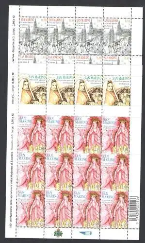 2008 San Marino, 150. Jahrestag der Erscheinung Madonna von Lourdes, Nr. 2180/82 - Kleinbogen 12 Werte mit Barcode, postfrisch**