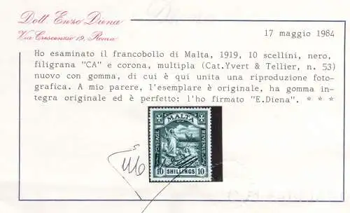 1919 MALTA, Stanley Gibbons Nr. 96 - 10 schwarze Schilling, filigran AC und Multiple Corona - MNH** - E. Diena Zertifikat