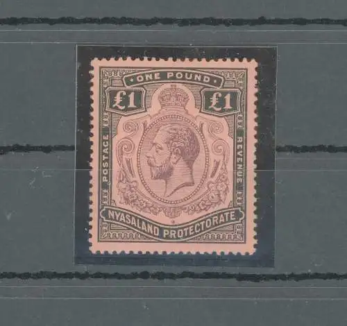 1913 Nyasaland Protectorate - Stanley Gibbons Nr. 98 - £ 1 lila und schwarz - paper red - Multi Crown CA - MLH*