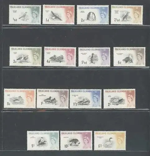 1960-66 Falklandinseln - Stanley Gibbons n. 193/207 - Vögel - Bildnis Elizabeth II. - 15 Werte - postfrisch **