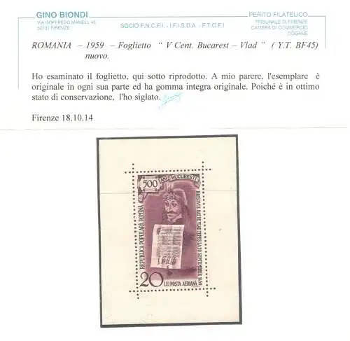 1959 Rumänien, Yvert Nr. 45 - Blatt V Hundertjahrfeier von Bukarest - Vlad - MNH ** - Blondes Zertifikat