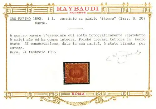 1892 SAN MARINO, Nr. 20 Rote Lira, MNH** - RAYBAUDI GOLD Zertifikat - Guter Erhaltungszustand