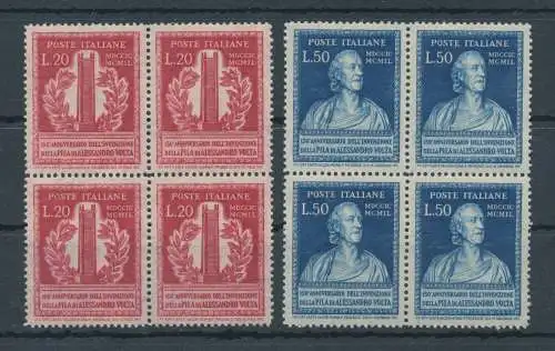 1949 Italien - Republik, 150 Jahre Stapel von Volta, 2 Werte, Nr. 611/12 - Viererblock, postfrisch**