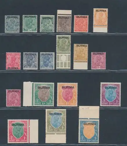 1937 Burma, Stanley Gibbons n. 1/18, Serie mit 18 Werten, MLH*