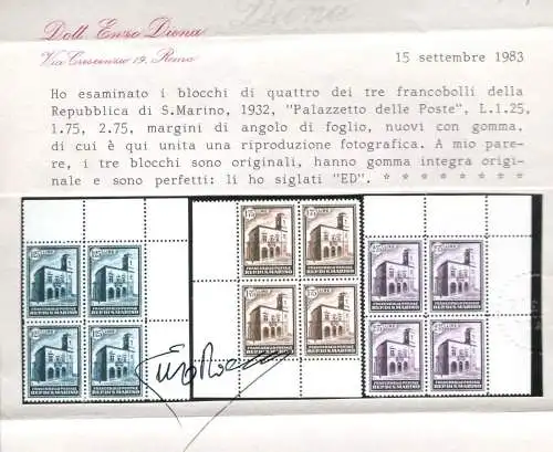 1932 SAN MARINO Nr. 159/163 SPLENDIDE QUARTINE MNH ** Zertifikate Diena/Bolaffi