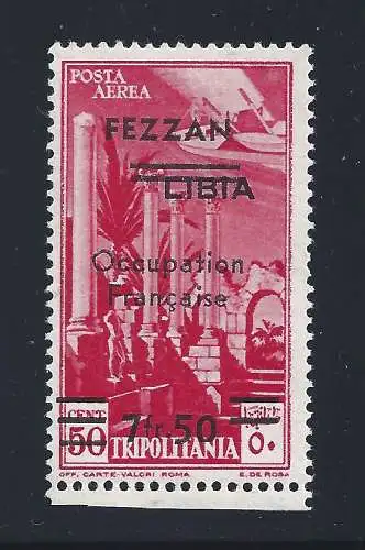 1943 FEZZAN - PA Nr. 2c - Malerisch 7 Fr.50 auf 50c. carmini MLH* Abkürzung A.Diena