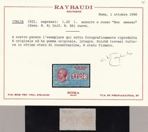 1922 Italien - KÖNIGREICH - Espresso Nr. 8 Lire 1,20 hellblau und rot MNH ** - Raybaudi Zertifikat