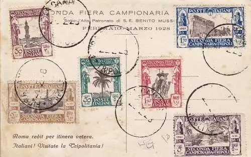 1928 LIBYEN, Nr. 72/77 IIa Fiera di Tripolis die komplette Serie auf Postkarte