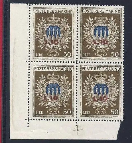 1946 SAN MARINO, Nr. 297 Wappen überdruckt MNH/** QUARTINA ADF