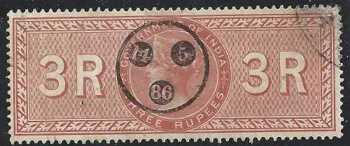 1886 INDIEN - 3 GEBRAUCHTE RUPIEN schwarze Felgenstempel 14-5-1886