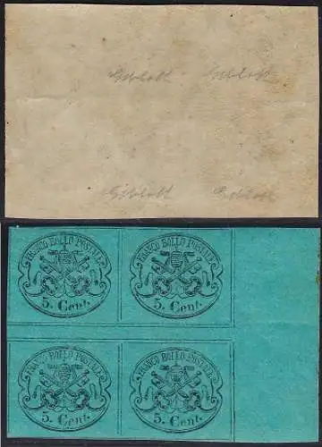 1867 Kirchenstaat, Nr. 16 5c. hellblau grünlich MNH/** QUARTINA C. Bolaffi