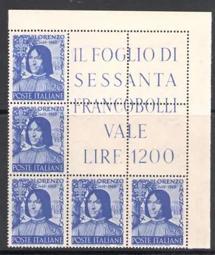 1949 Italien Republik, Eckblock Lorenzo der Prächtige Nr. 4, MNH**