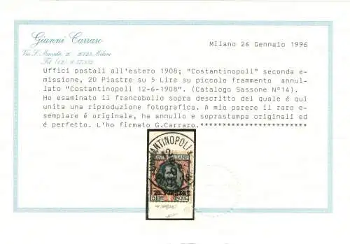 1908 Levante Konstantinopel 5 Lire Azzurro e Rosa Nr. 14 GEBRAUCHT Cert Caffaz