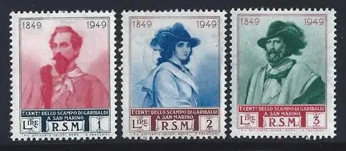 1952 SAN MARINO, Nr. 358/I-360/I, Garibaldi 3 Werte RAD III. TYP, POSTFRISCH**