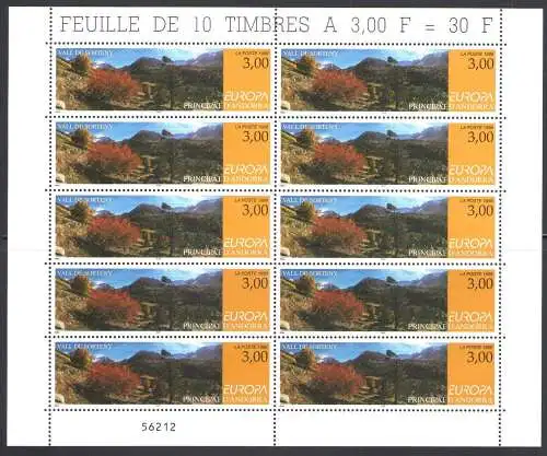 1999 EUROPA CEPT Fürstentum De#039; Französisch-Andorra 1 Kleinbogen mit 10 Werten MNH **