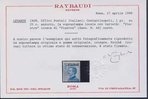 1908 Levante, Konstantinopel, 1 Platten auf 25 hellblau, statt 1 Platte, Sorte Nr. 4d, MNH** - Raybaudi/Diena Zertifikat