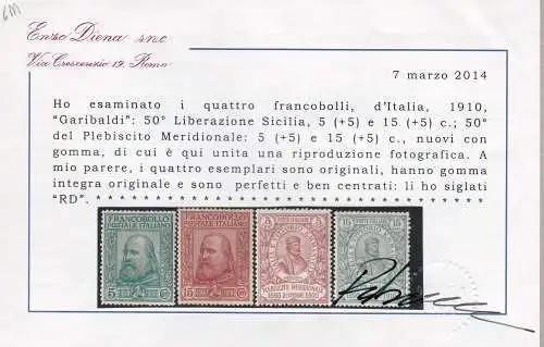 1910 Königreich Italien, Garibaldi, Nr. 87/90 MNH/** Zertifikat Diena GUTE ZENTRIERUNG