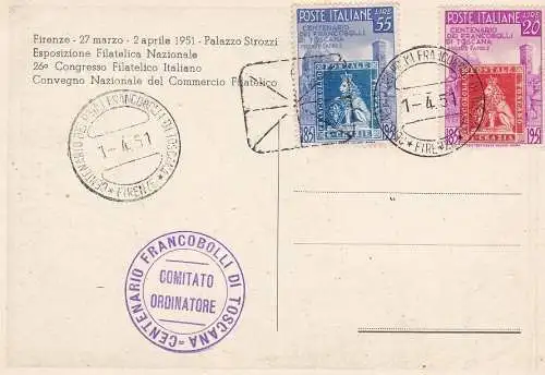 1951 100. Briefmarken Toskana Nr. 653-654 auf Postkarte der Veranstaltung