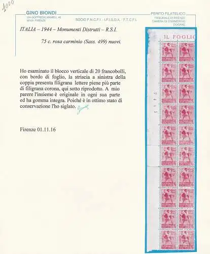 1944 Italienische Sozialrepublik, Nr. 499 Block mit filigranen Briefen Zertifikat Blond