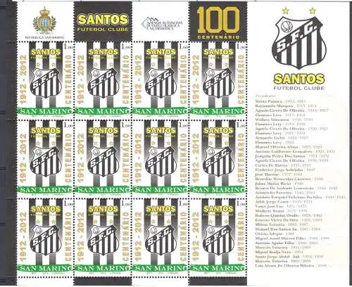 2012 San Marino Santos Centenario Fondazione Squadra Calcio Brasiliana Minifoglio 12 v MNH **