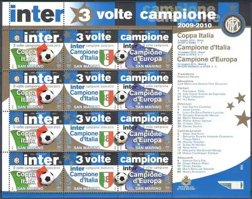 2010 San Marino, Inter 3 Mal Champion, Kleinbogen mit 4 Triptychonen postfrisch **