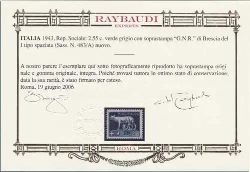 1943 Italienische Sozialrepublik, Nr. 470/A-485/A Drei-Werte-Serie mit VOLLGUMMI Raybaudi GOLD zertifiziert