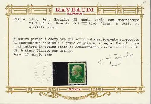 1943 Italienische Sozialrepublik, Nr. 474/III 25 c. grün Brescia III. Raybaudi Zertifikat Typ GOLD