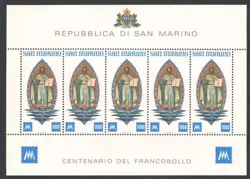 1977 San Marino Centenario dei Primi Briefmarken Kleinbogen mit 5 Werten postfrisch ** Bf 38