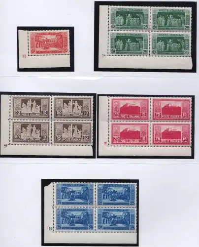 1929 Königreich Italien, Montecassino, Nr. 262/268 MNH/** 7-Wertserie in 4er Blöcken mit Tabellennummer (Nr. 262 einzeln)