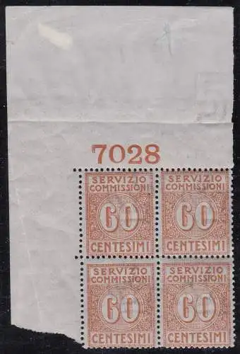 1913 Italien - Königreich, Kommissionsdienst Nr. 2 60c. orange MNH/** SELTENES VIERTEL MIT TISCHNUMMER